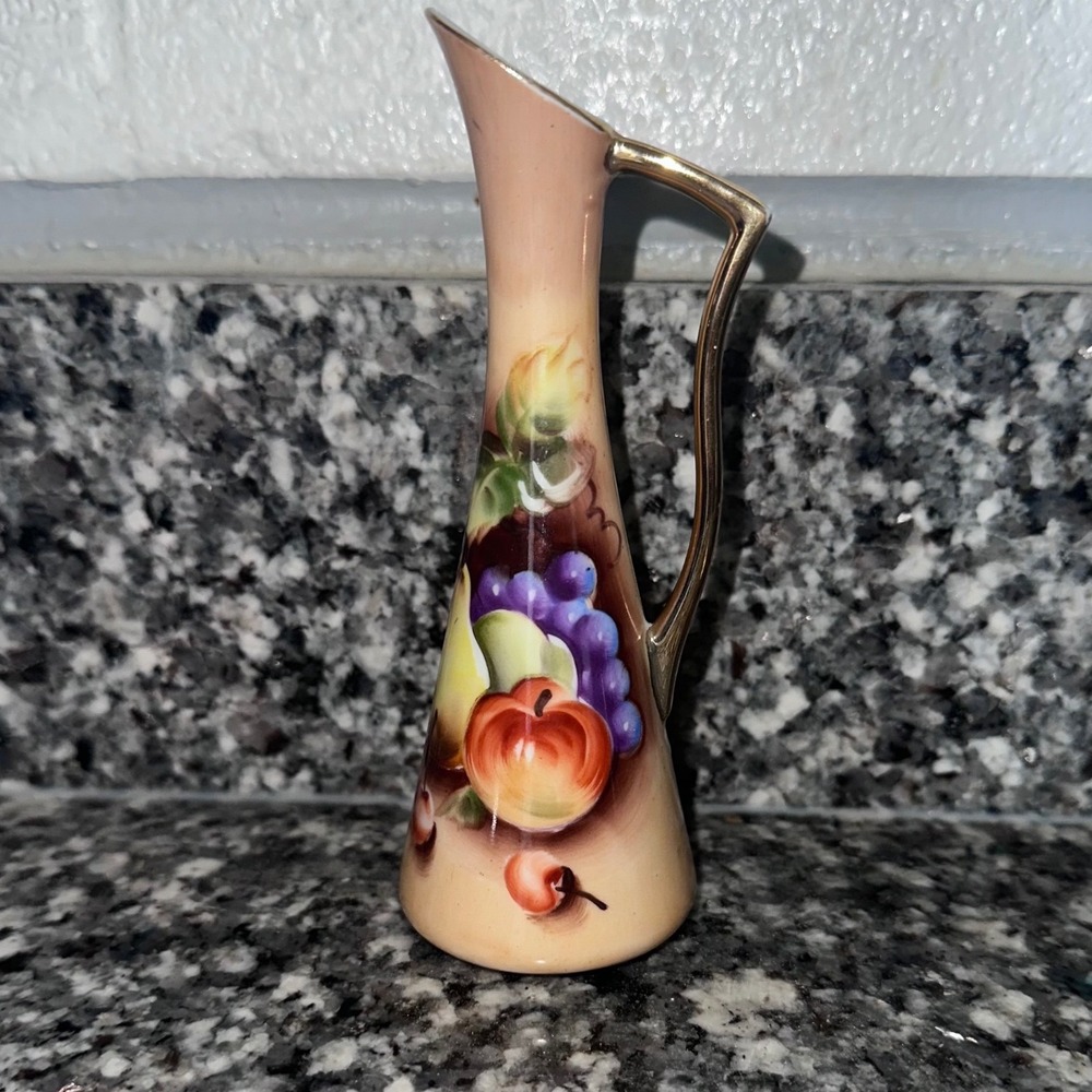 Lefton China Hand Painted Fruit Bud Vase Gold Handle NE2764 Vintage Japan Ewer
